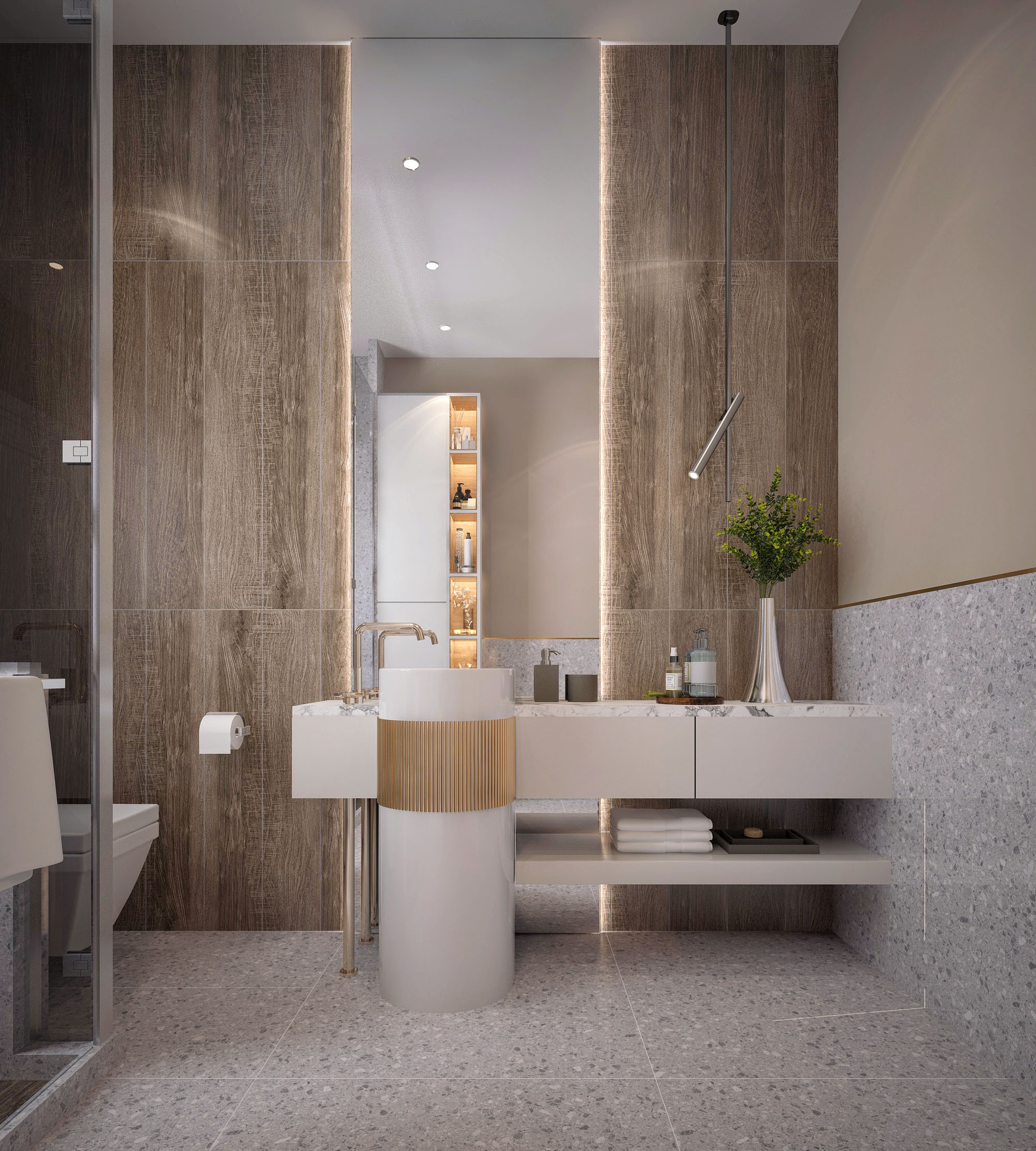 Hedendaagse architectuur, wit gevelhuis met houten accenten bij nacht, verlichte ramen.